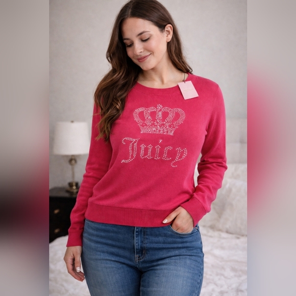 New! Juicy Couture Vixen Pink Rhinestone Crown “Juicy” Sweater – New w/ Tags (L) - Picture 4 of 6